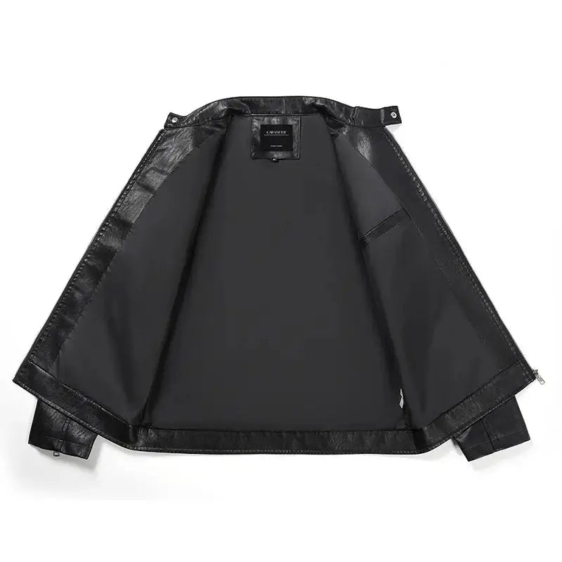 jaqueta masculina preta estilo couro biker com zíper frontal moderna