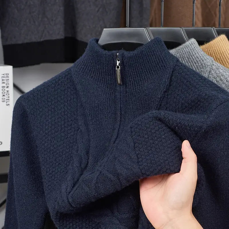 suéter masculino cinza tricô trançado gola alta meio zíper inverno elegante confortável