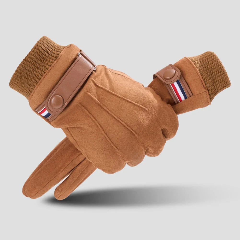 Luva masculina térmica bege estilo camurça com forro plush e função touchscreen para inverno e moto.