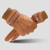 Luva masculina térmica bege estilo camurça com forro plush e função touchscreen para inverno e moto.