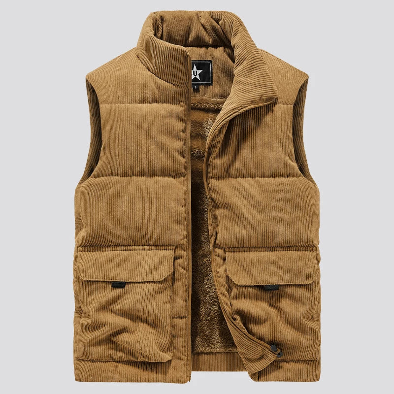 colete masculino veludo cotelê marrom com fleece interno e bolsos grandes estilo militar para inverno