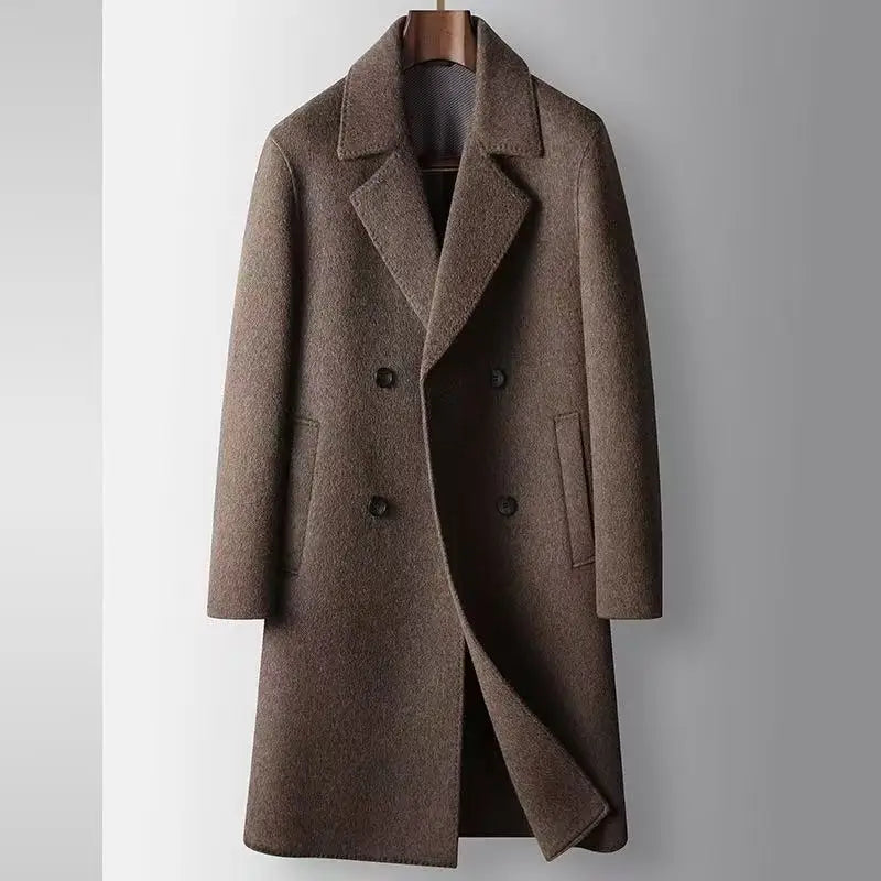 Sobretudo masculino cinza escuro de lã premium com corte longo e abotoamento frontal elegante