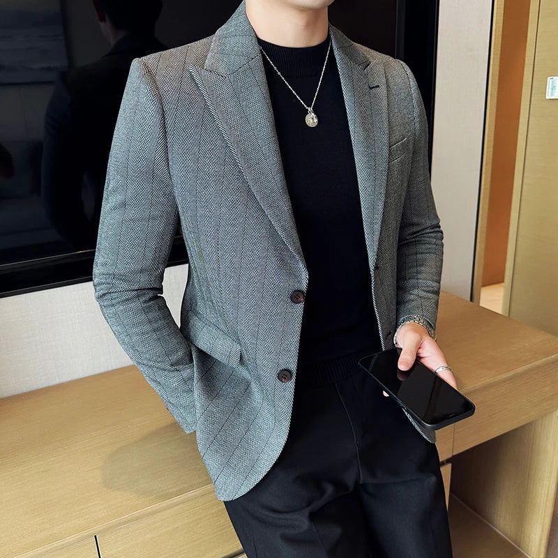Blazer masculino social slim fit cinza com padronagem sofisticada estilo britânico e caimento elegante