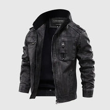 jaqueta masculina em couro biker com gola alta e zíper frontal