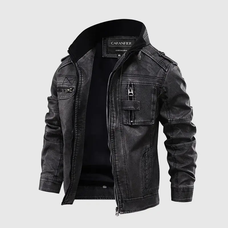 jaqueta masculina em couro biker com gola alta e zíper frontal