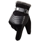 Luva masculina térmica preta com interior felpudo, ajuste em botão e função touchscreen para inverno e moto.