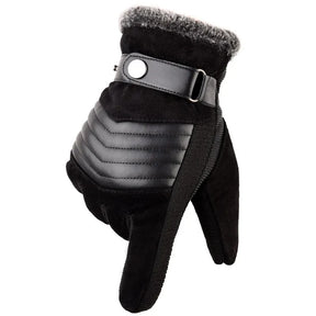Luva masculina térmica preta com interior felpudo, ajuste em botão e função touchscreen para inverno e moto.