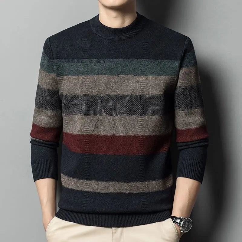 Suéter Masculin Tricô Listrado Gola Alta