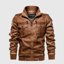 jaqueta masculina estilo couro biker com gola alta e bolsos frontais