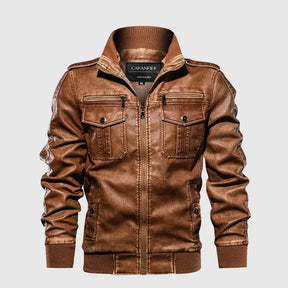 jaqueta masculina estilo couro biker com gola alta e bolsos frontais