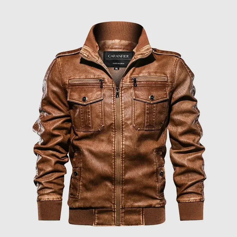 jaqueta masculina estilo couro biker com gola alta e bolsos frontais