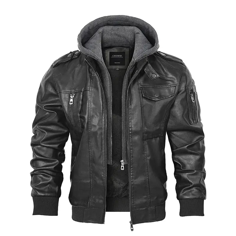 jaqueta masculina preto estilo couro com capuz removível biker moderna