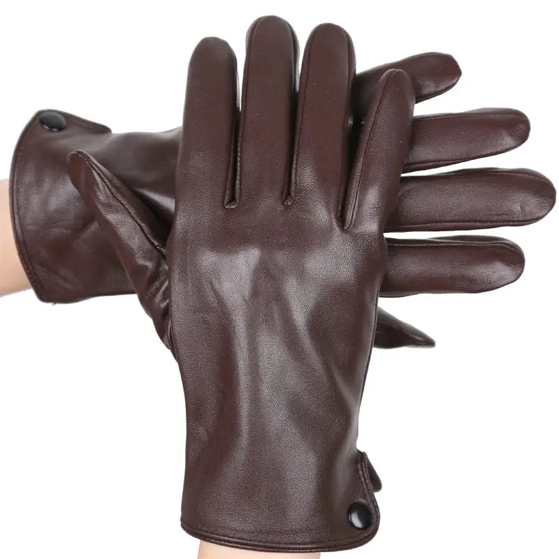 Luva masculina marrom em couro premium com acabamento elegante e proteção térmica para inverno.