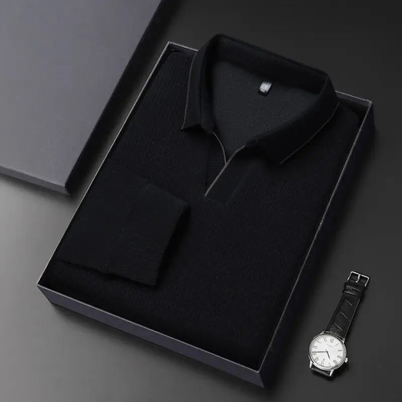 camisa polo masculina de tricot manga longa com tecido macio e elegante exibindo textura do knitwear