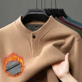suéter masculino térmico bege fleece interno gola alta botão inverno quente confortável