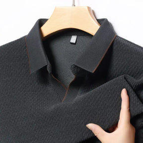 camisa polo masculina de tricot manga longa com tecido macio e elegante exibindo textura do knitwear