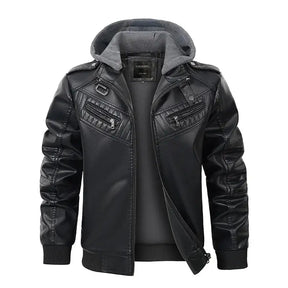jaqueta masculina preta estilo couro biker com capuz removível e zíper moderna