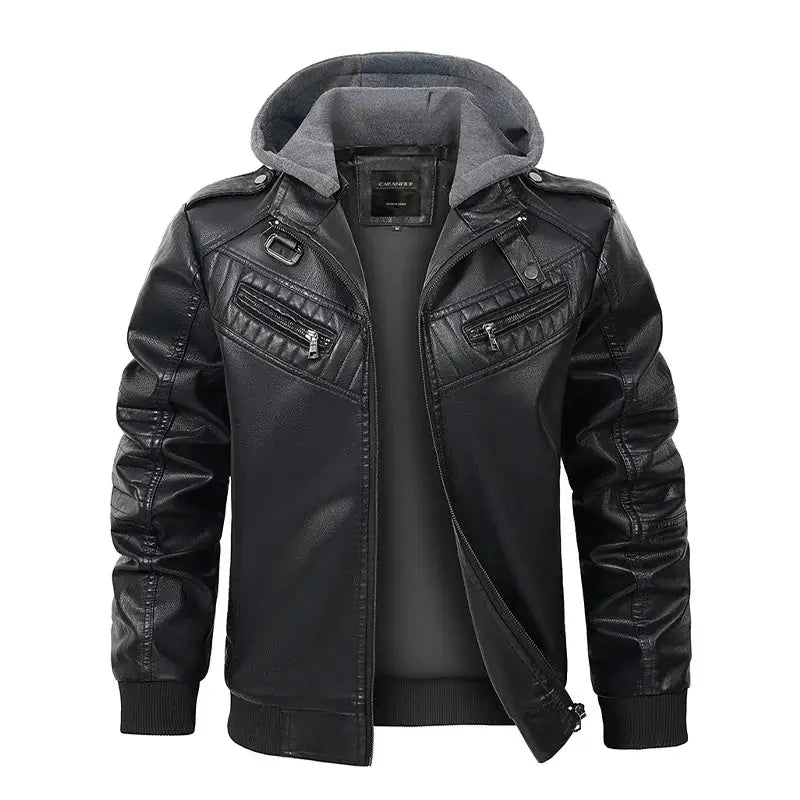 jaqueta masculina preta estilo couro biker com capuz removível e zíper moderna