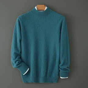 Suéter masculino gola alta em mink cashmere com textura felpada e acabamento premium para inverno