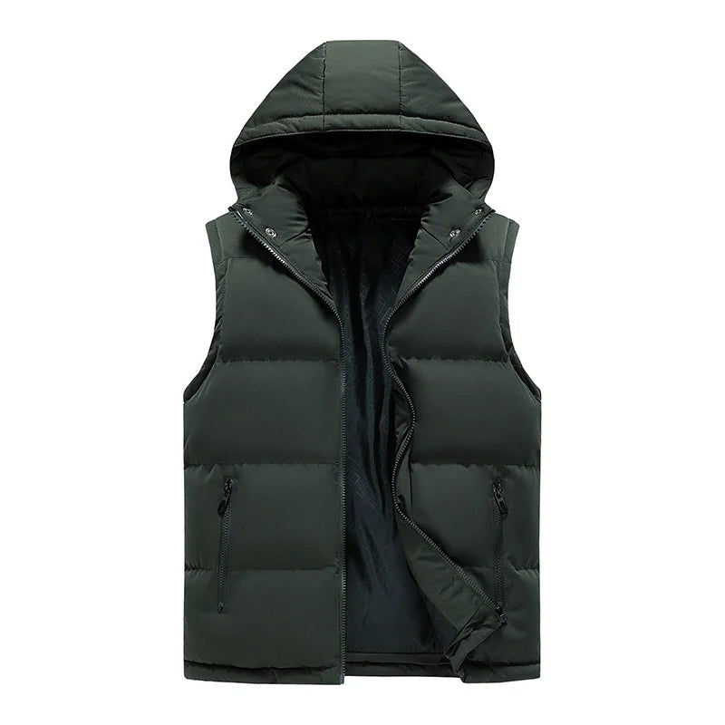colete masculino puffer verde com capuz e zíper frontal estilo moderno e quente para inverno