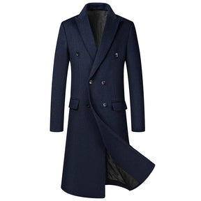Sobretudo masculino longo em lã com abotoamento duplo e lapela clássica elegante para inverno