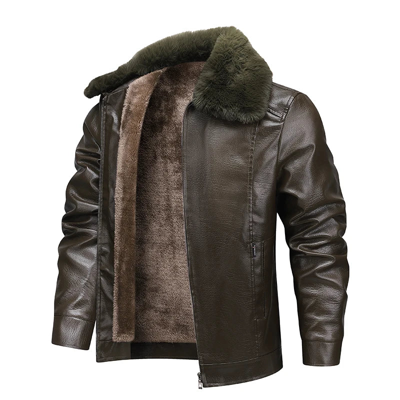 Jaqueta masculina marrom premium com interior peluciado térmico e gola removível estilo aviador para inverno