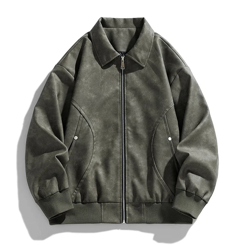 Jaqueta bomber masculina preta em couro premium com zíper metálico e visual urbano sofisticado.
