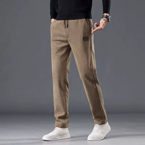 Calça masculina de veludo cotelê com cintura elástica e cordão ajustável, modelo reto para outono e inverno