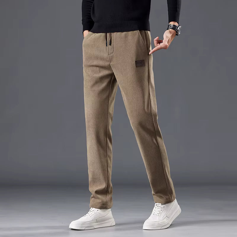 Calça masculina de veludo cotelê com cintura elástica e cordão ajustável, modelo reto para outono e inverno