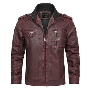 jaqueta masculina em couro biker com gola alta e zíper frontal