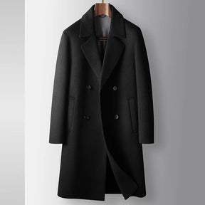 Sobretudo masculino cinza escuro de lã premium com corte longo e abotoamento frontal elegante