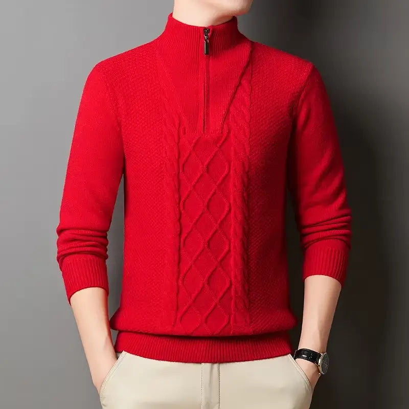 suéter masculino cinza tricô trançado gola alta meio zíper inverno elegante confortável