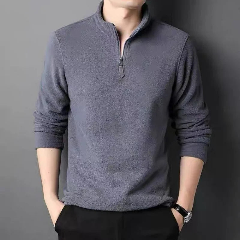 suéter masculino fleece cinza meio zíper gola alta inverno confortável casual elegante
