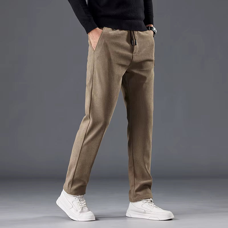 Calça masculina de veludo cotelê com cintura elástica e cordão ajustável, modelo reto para outono e inverno