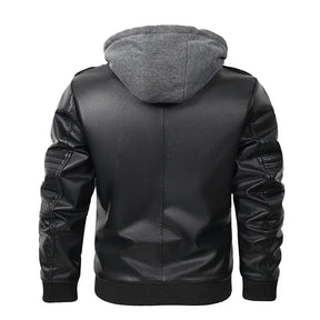 jaqueta masculina preta estilo couro biker com capuz removível e zíper moderna