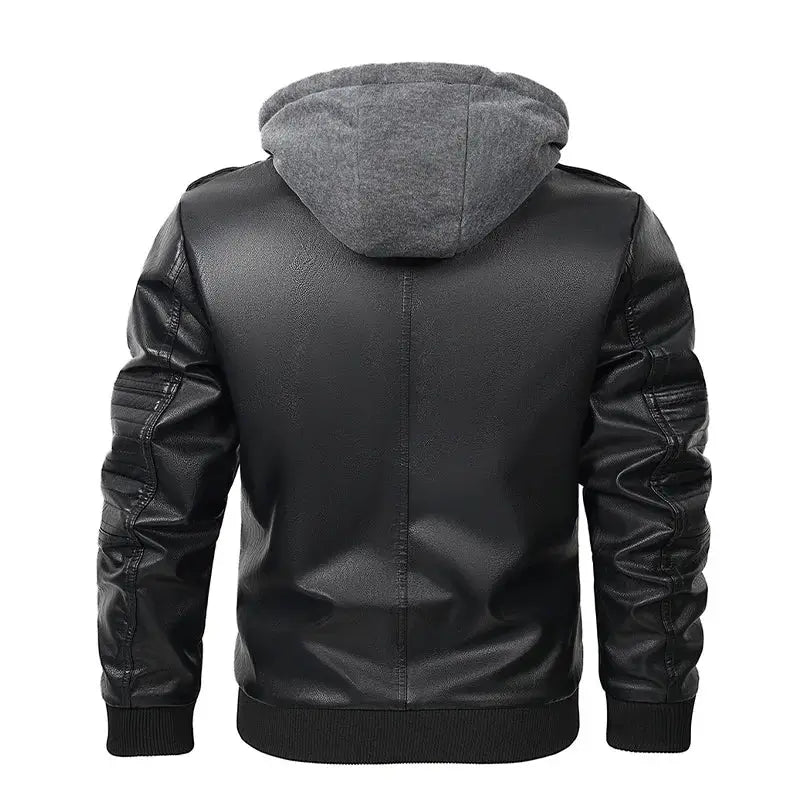 jaqueta masculina preta estilo couro biker com capuz removível e zíper moderna