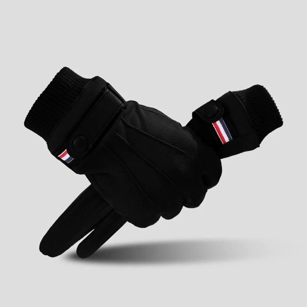 Luva masculina térmica bege estilo camurça com forro plush e função touchscreen para inverno e moto.