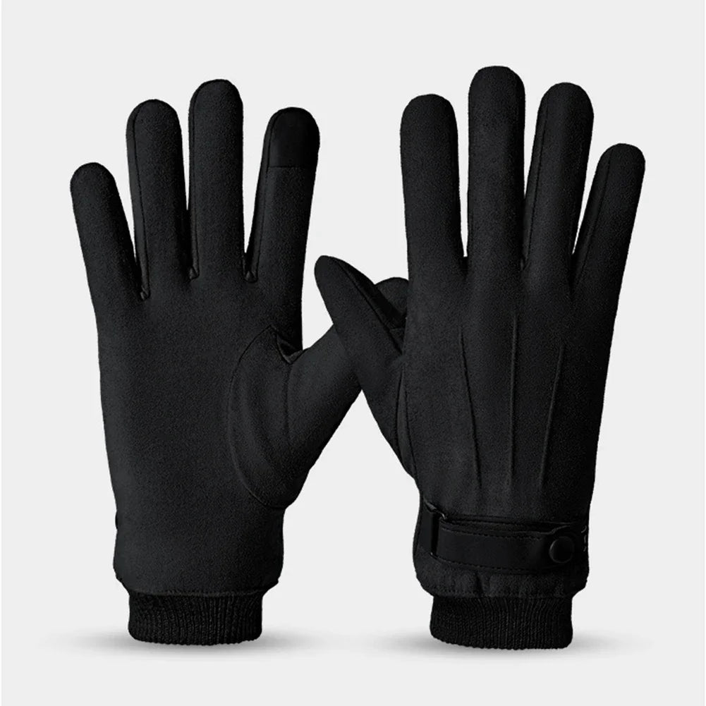 Luva masculina térmica bege estilo camurça com forro plush e função touchscreen para inverno e moto.