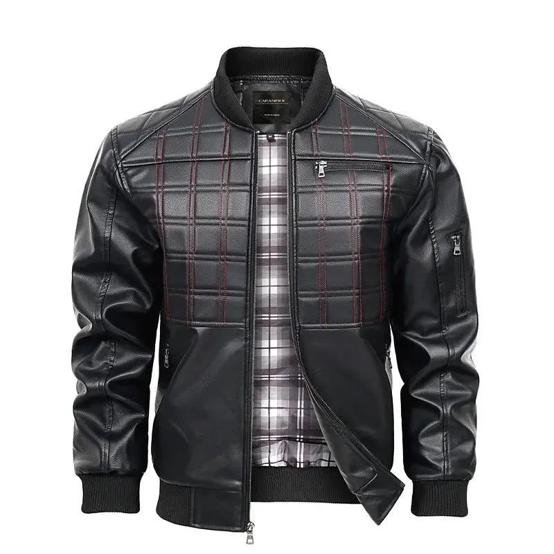 jaqueta masculina preta estilo couro bomber matelassê com zíper moderna
