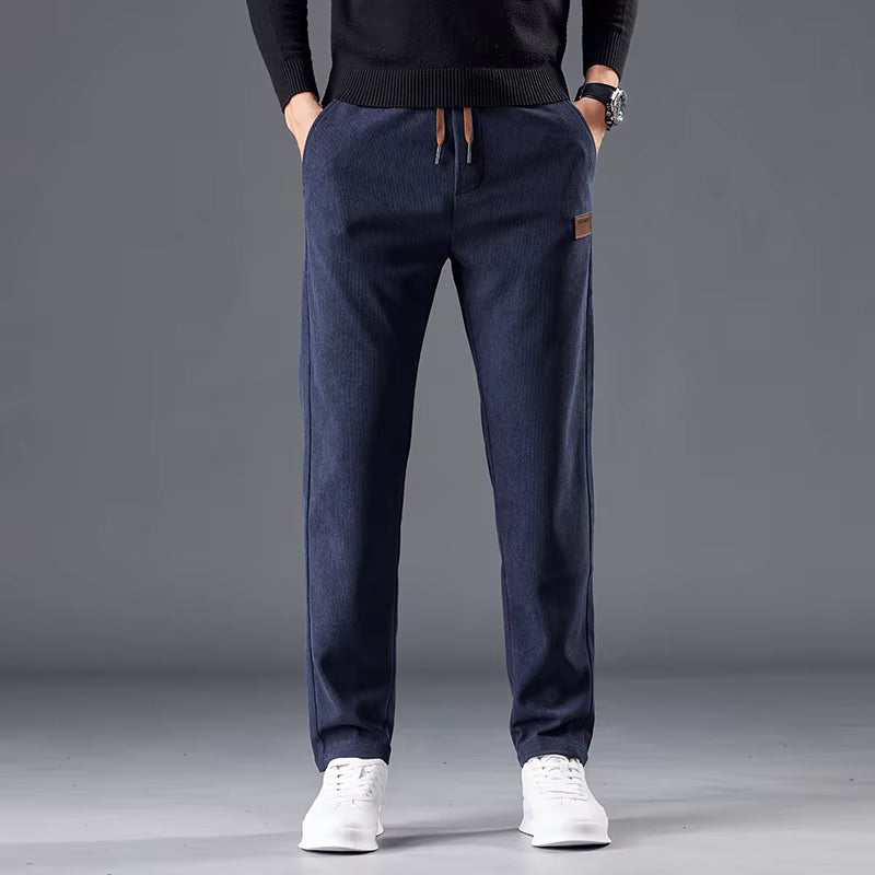 Calça masculina de veludo cotelê com cintura elástica e cordão ajustável, modelo reto para outono e inverno