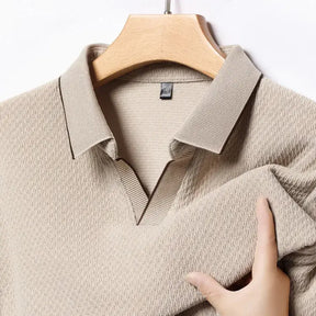 camisa polo masculina de tricot manga longa com tecido macio e elegante exibindo textura do knitwear