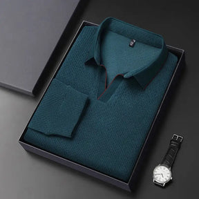 camisa polo masculina de tricot manga longa com tecido macio e elegante exibindo textura do knitwear
