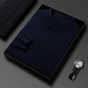 Suéter masculino gola alta em malha tricot dobrado em caixa preta com visual elegante para outono e inverno