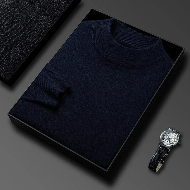 Suéter masculino gola alta em malha tricot dobrado em caixa preta com visual elegante para outono e inverno