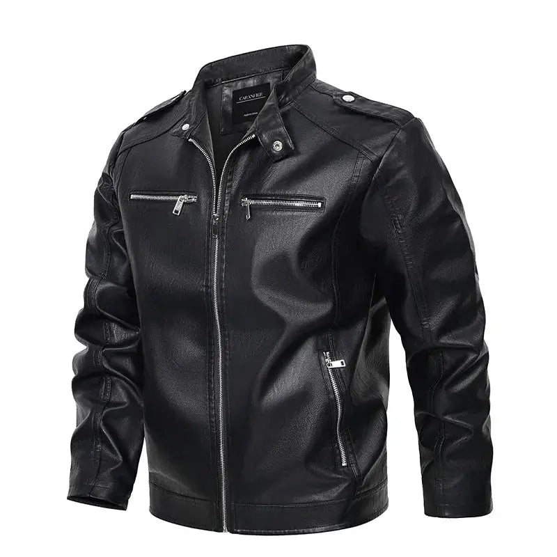 jaqueta masculina preta estilo couro biker com zíper frontal moderna