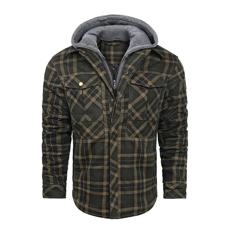 Jaqueta flanela masculina xadrez com capuz removível inverno