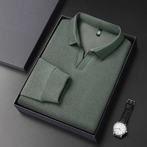 camisa polo masculina de tricot manga longa com tecido macio e elegante exibindo textura do knitwear