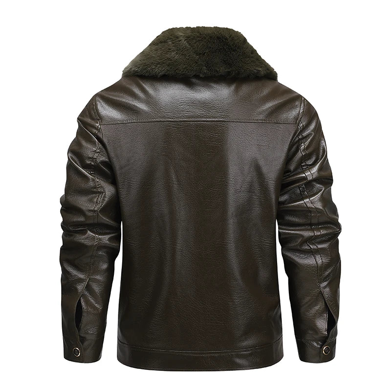 Jaqueta masculina marrom premium com interior peluciado térmico e gola removível estilo aviador para inverno