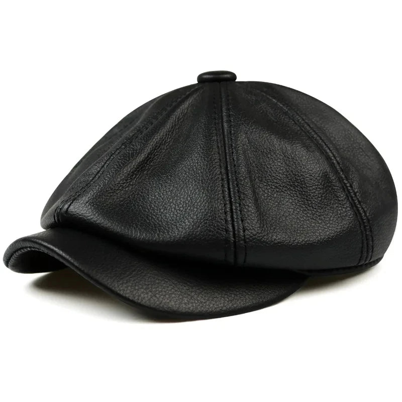 Boina masculina marrom em couro legítimo estilo retrô vintage octogonal com aba curva estruturada.