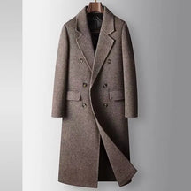 Sobretudo masculino longo em lã marrom com abotoamento duplo e forro interno removível acolchoado para inverno sofisticado